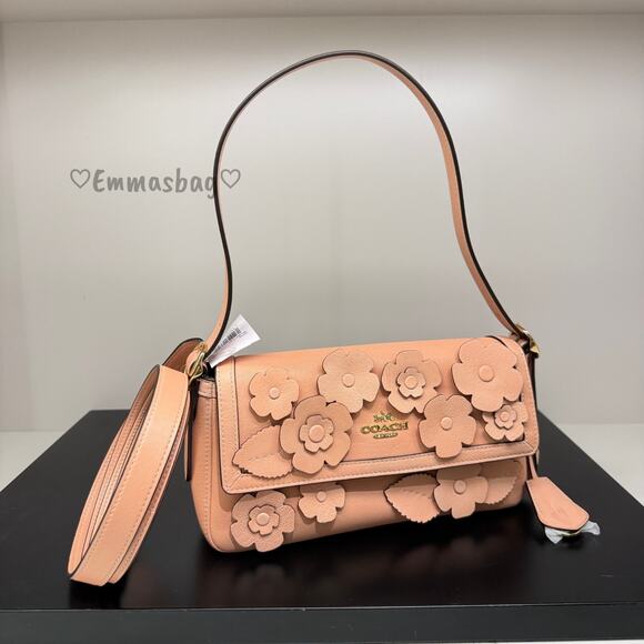 Coach Handbags - Coach Etta Small Flap Shoulder Bag With Floral Applique CDY43 Gold/Light Pink
